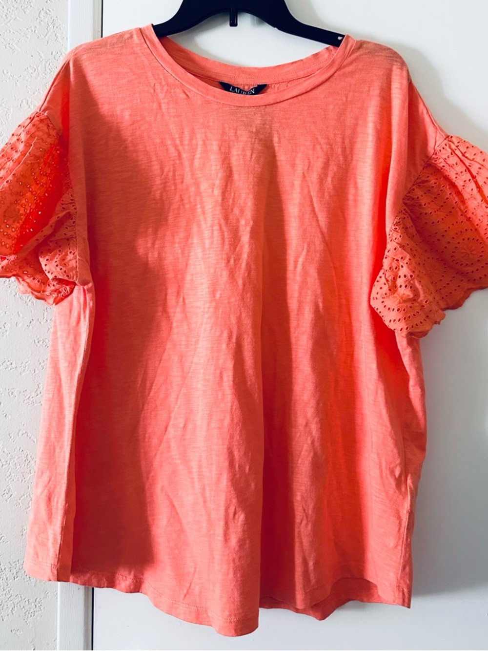 Lauren Ralph Lauren Coral Eyelet Sleeve Size 2X Short Sleeve Tee
